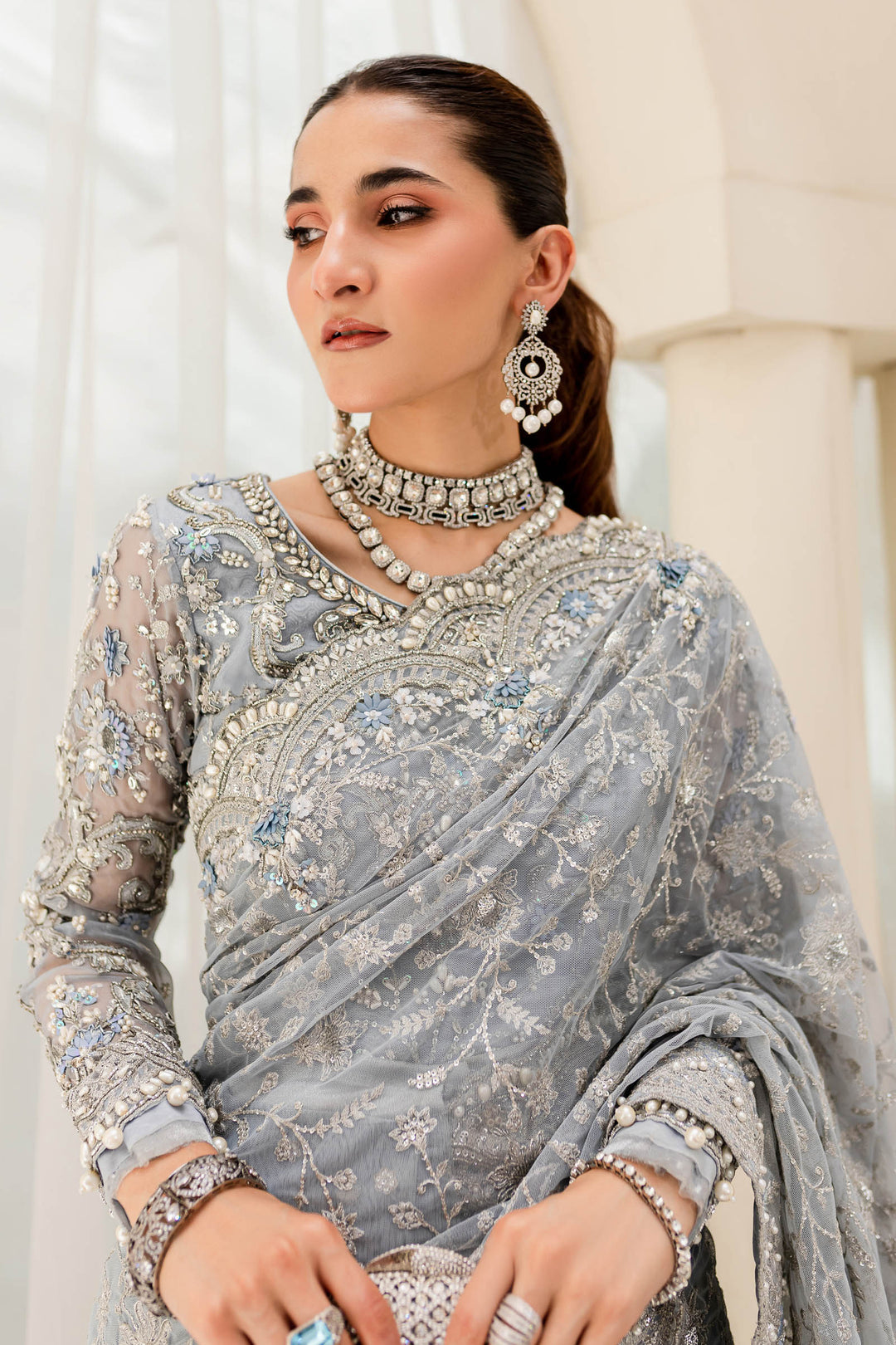 Maria B | Bridal Couture | Ice Blue MC-908 - Designer Dress with Intricate embroidery and embellishments. Shop elegent wedding dress at Maria Faisal.
