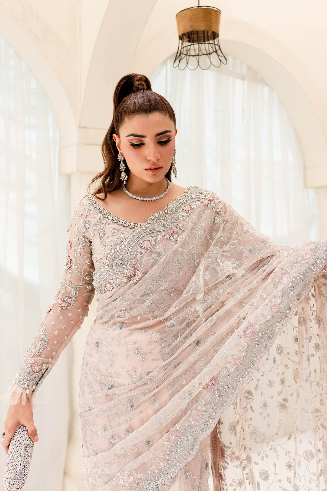 Maria B | Bridal Couture | Pale Pink MC-909 - Designer Dress with Intricate embroidery and embellishments. Shop elegent wedding dress at Maria Faisal.