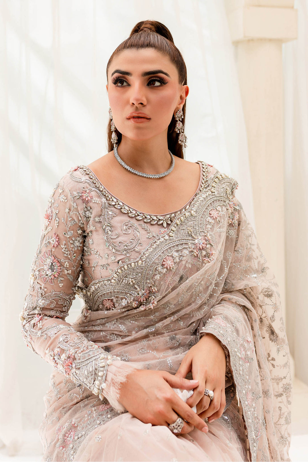Maria B | Bridal Couture | Pale Pink MC-909 - Designer Dress with Intricate embroidery and embellishments. Shop elegent wedding dress at Maria Faisal.
