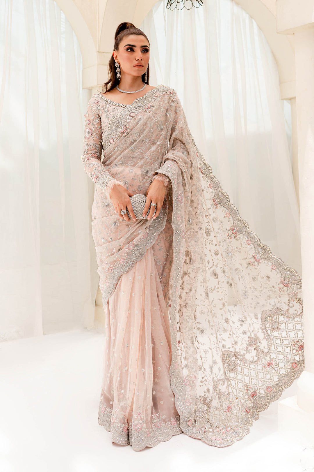 Maria B | Bridal Couture | Pale Pink MC-909 - Designer Dress with Intricate embroidery and embellishments. Shop elegent wedding dress at Maria Faisal.