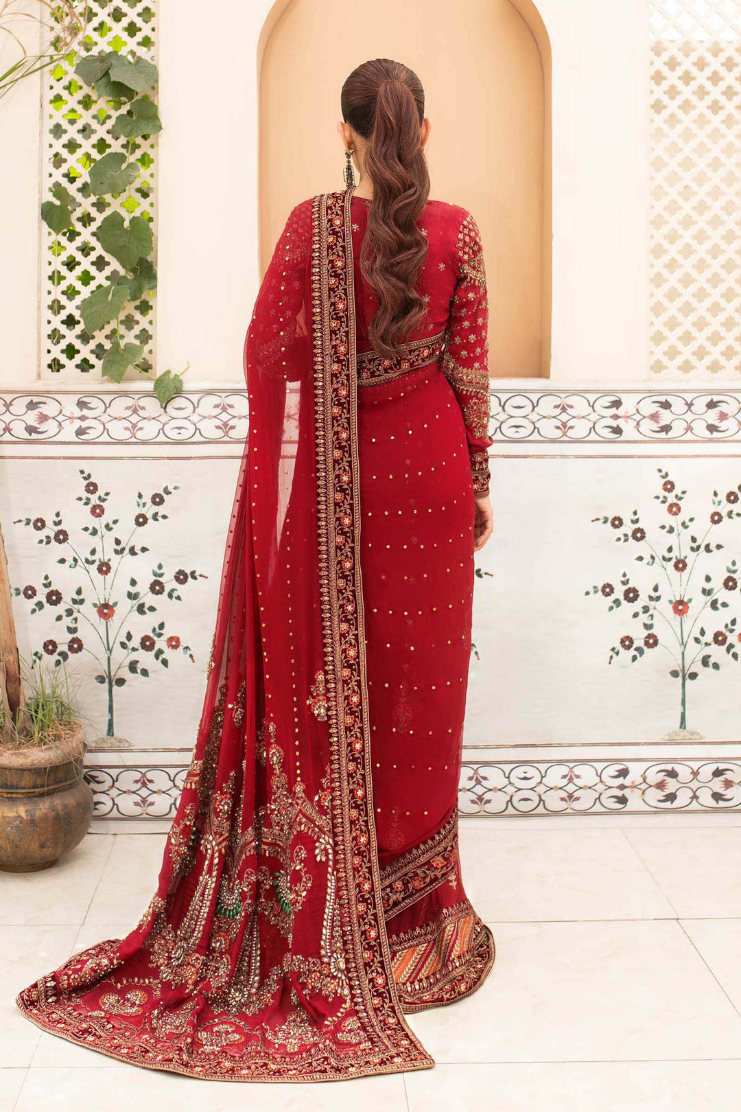 Maria B | Bridal Couture | Deep Red MC-910 - Designer Dress with Intricate embroidery and embellishments. Shop elegent wedding dress at Maria Faisal.