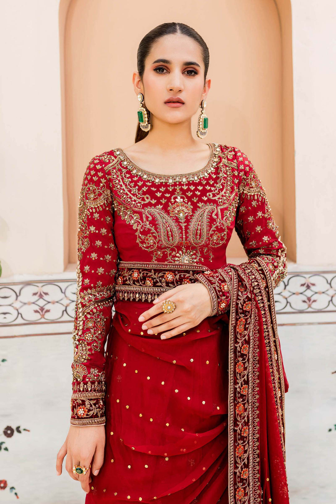 Maria B | Bridal Couture | Deep Red MC-910 - Designer Dress with Intricate embroidery and embellishments. Shop elegent wedding dress at Maria Faisal.