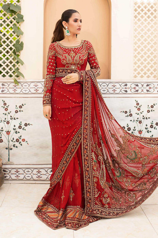 Maria B | Bridal Couture | Deep Red MC-910 - Designer Dress with Intricate embroidery and embellishments. Shop elegent wedding dress at Maria Faisal.