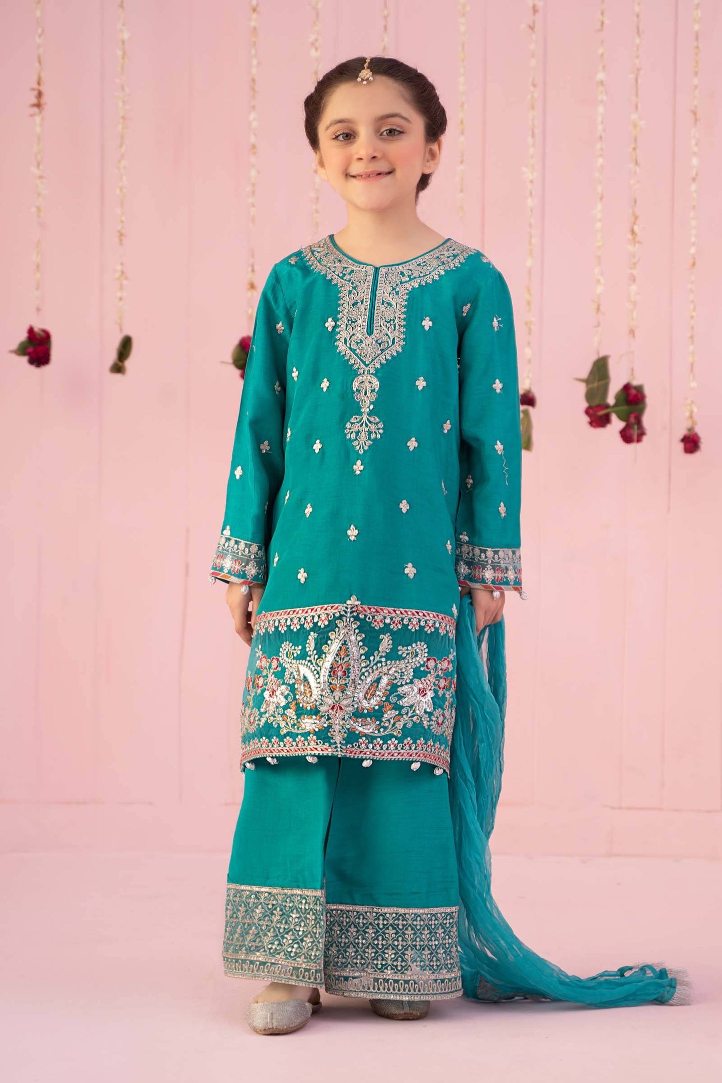 Maria B | 3 Piece Embroidered Raw Silk Suit | MKS-EF24-09 by Maria Faisal - Registered Vendor of : Maria B - type : Kids Clothes - 100% original wedding dresses