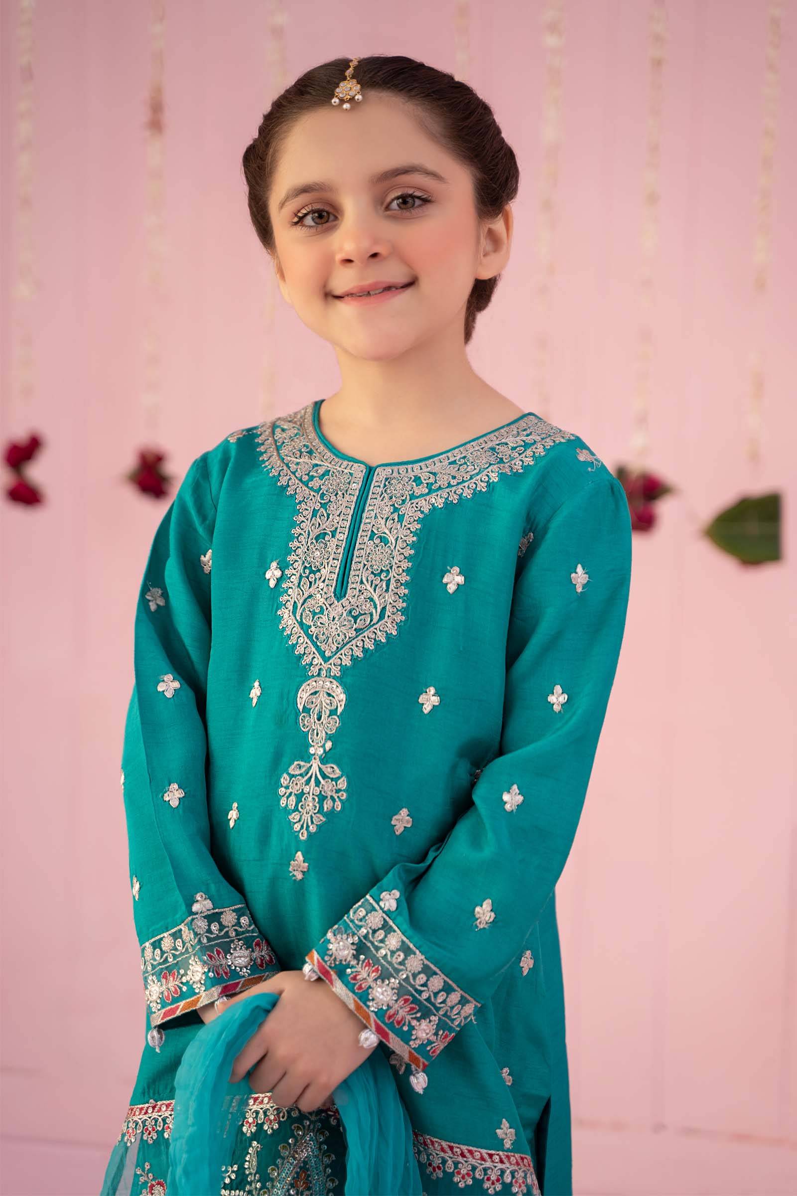 Maria B | 3 Piece Embroidered Raw Silk Suit | MKS-EF24-09 by Maria Faisal - Registered Vendor of : Maria B - type : Kids Clothes - 100% original wedding dresses