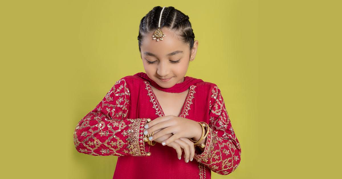 Maria B | 3 Piece Embroidered Raw Silk Suit | MKS-EF24-31 by Maria Faisal - Registered Vendor of : Maria B - type : Kids Clothes - 100% original wedding dresses