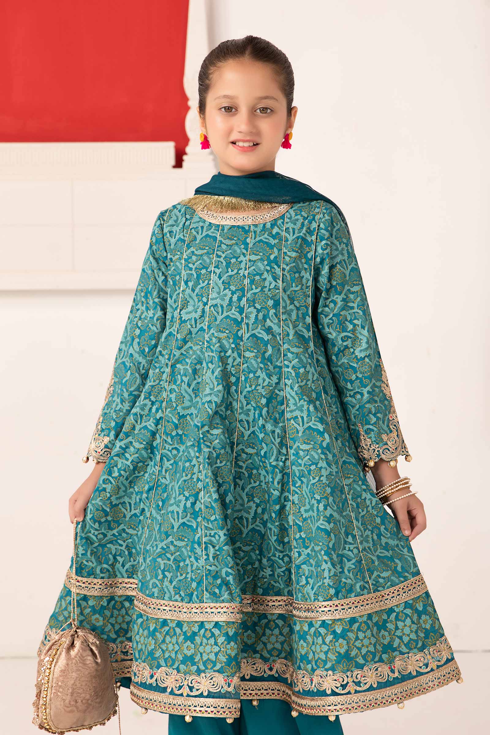 Maria B | 3 Piece Printed Raw Silk Suit | MKS-EA24-05 by Maria Faisal - Registered Vendor of : Maria B - type : Kids Clothes - 100% original wedding dresses