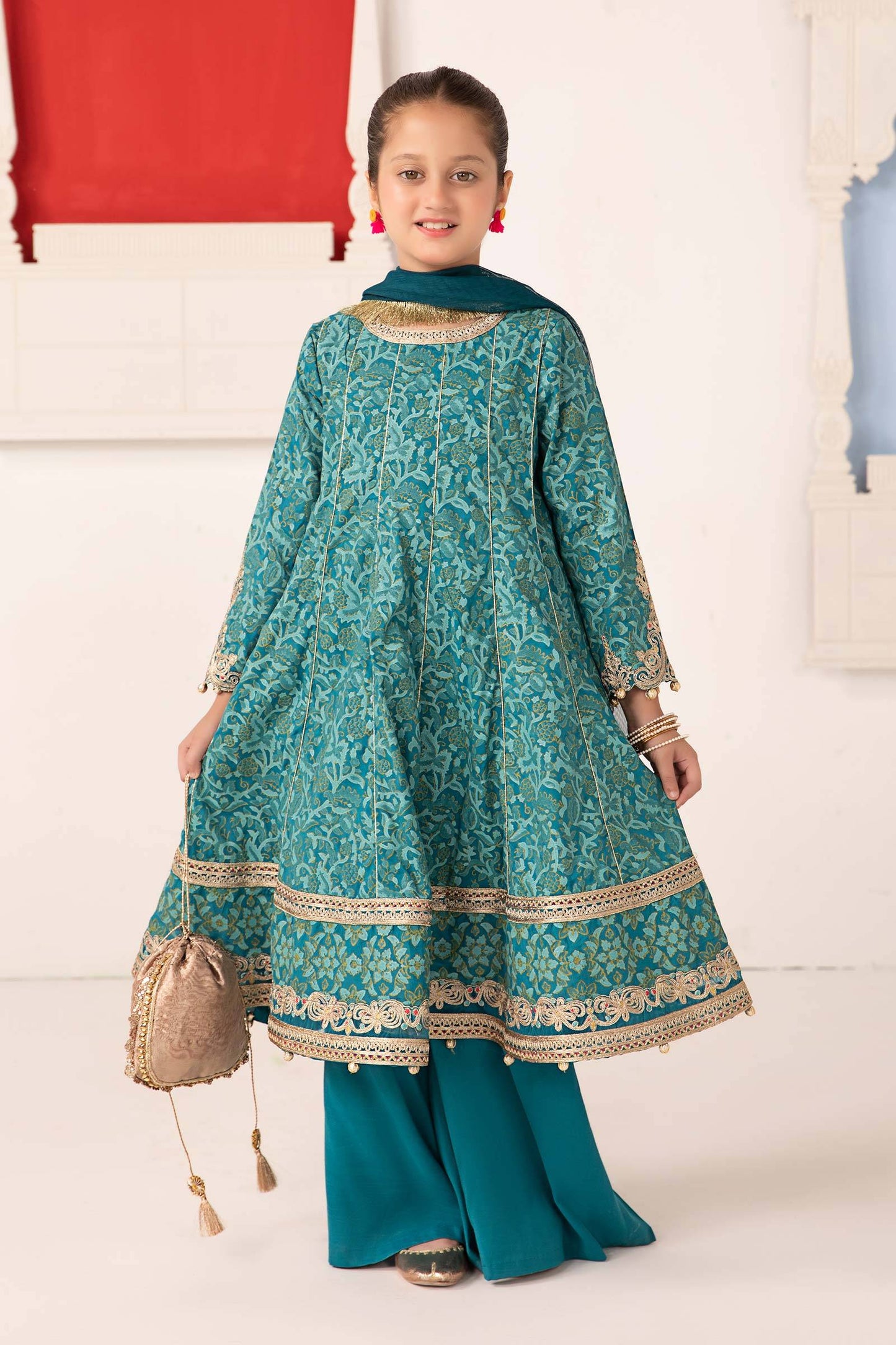 Maria B | 3 Piece Printed Raw Silk Suit | MKS-EA24-05 by Maria Faisal - Registered Vendor of : Maria B - type : Kids Clothes - 100% original wedding dresses