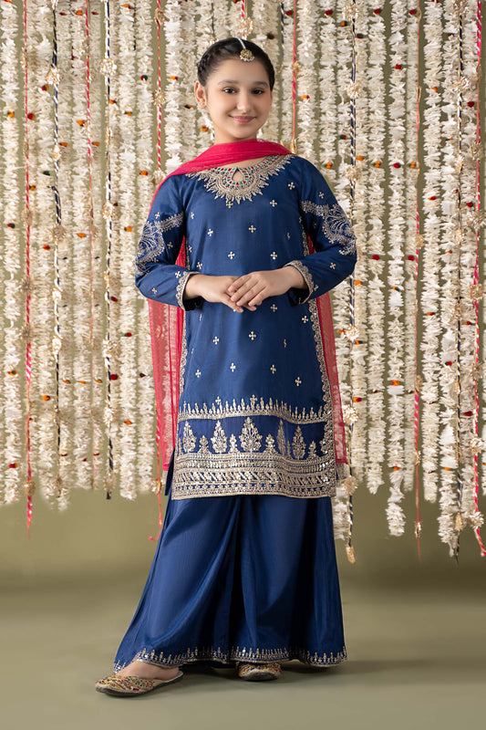 Maria B | 3 Piece Embroidered Raw Silk Suit | MKS-EF25-27 by Maria Faisal - Registered Vendor of : Maria B - type : Kids Clothes - 100% original wedding dresses