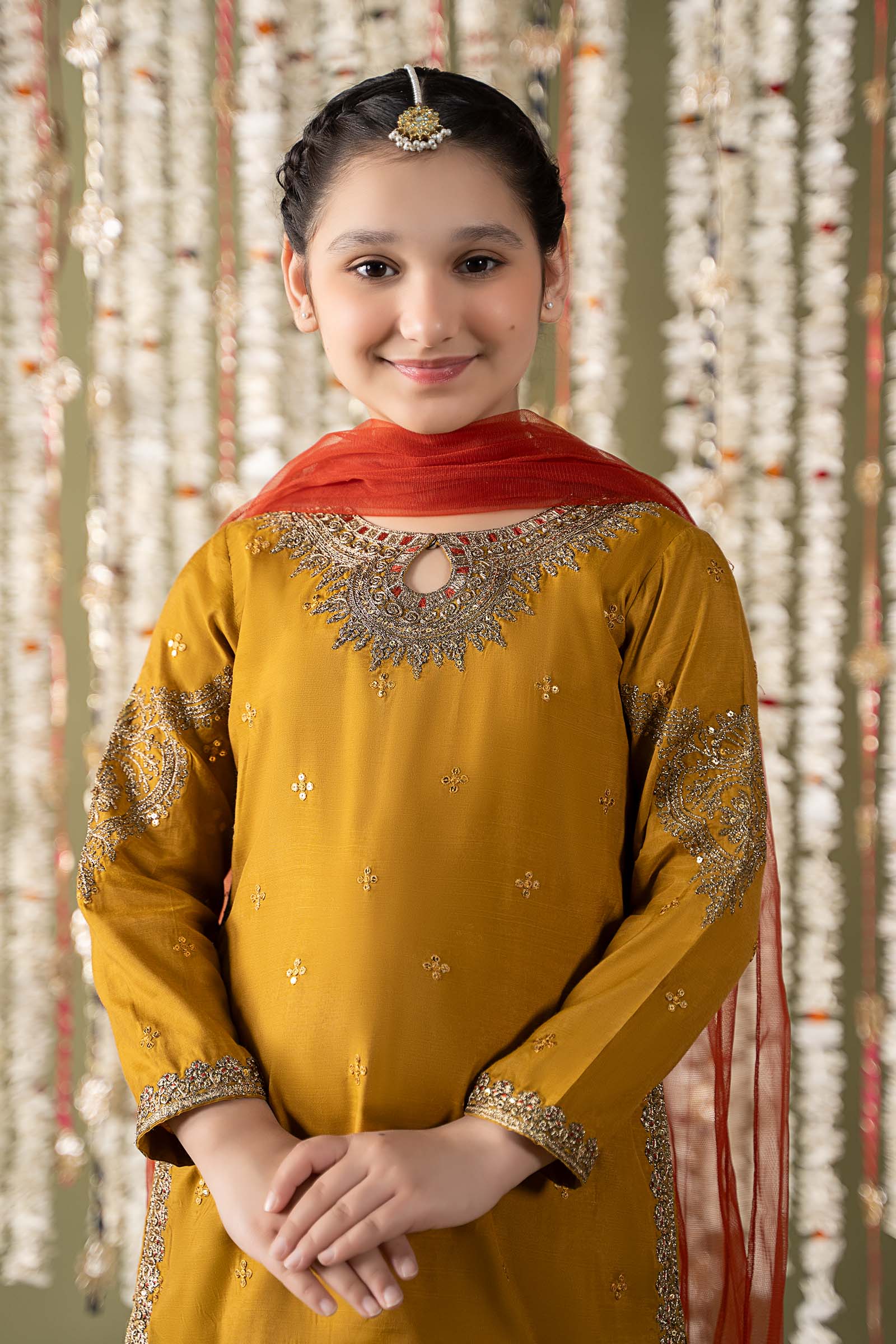 Maria B | 3 Piece Embroidered Raw Silk Suit | MKS-EF25-27 by Maria Faisal - Registered Vendor of : Maria B - type : Kids Clothes - 100% original wedding dresses