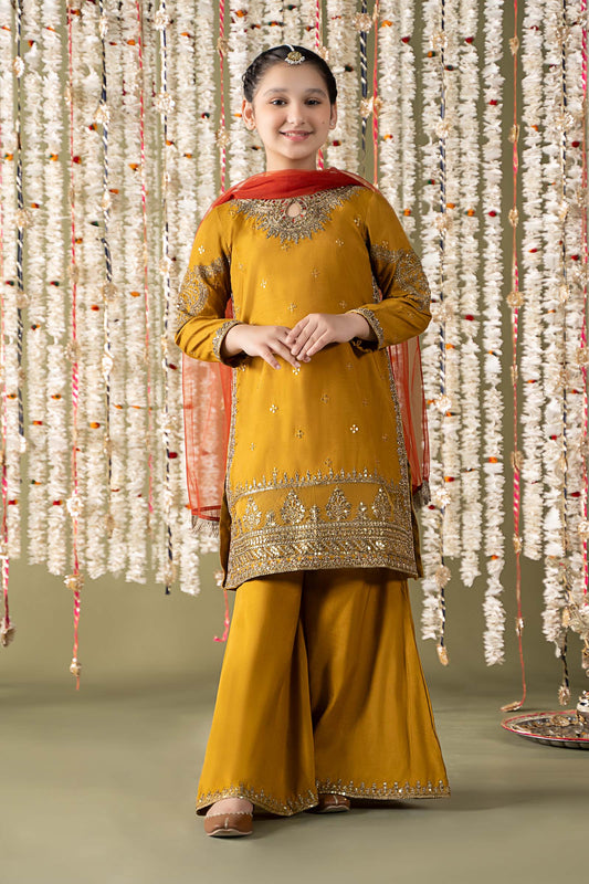 Maria B | 3 Piece Embroidered Raw Silk Suit | MKS-EF25-27 by Maria Faisal - Registered Vendor of : Maria B - type : Kids Clothes - 100% original wedding dresses