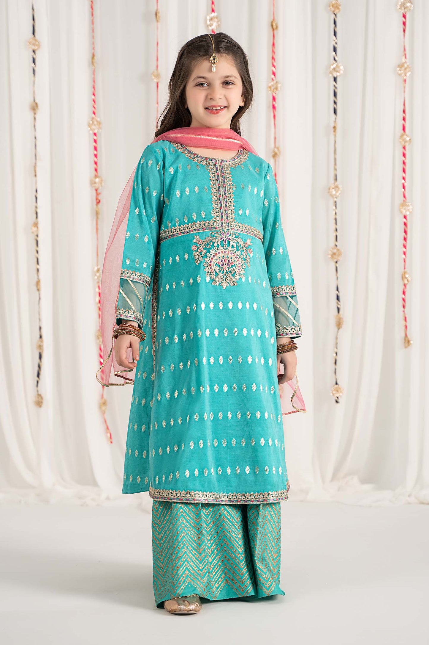 Maria B | 3 Piece Embroidered Raw Silk Suit | MKS-EF25-30 by Maria Faisal - Registered Vendor of : Maria B - type : Kids Clothes - 100% original wedding dresses