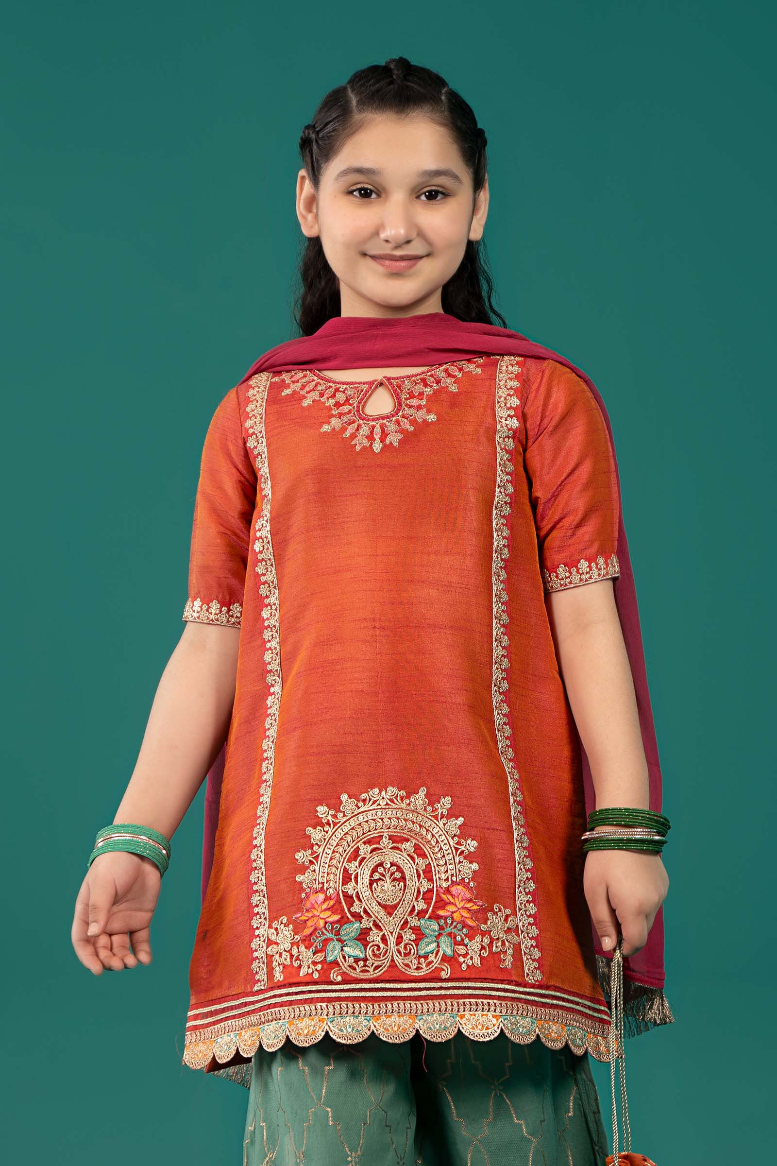 Maria B | 3 Piece Embroidered Raw Silk Suit | MKS-EF25-45 by Maria Faisal - Registered Vendor of : Maria B - type : Kids Clothes - 100% original wedding dresses