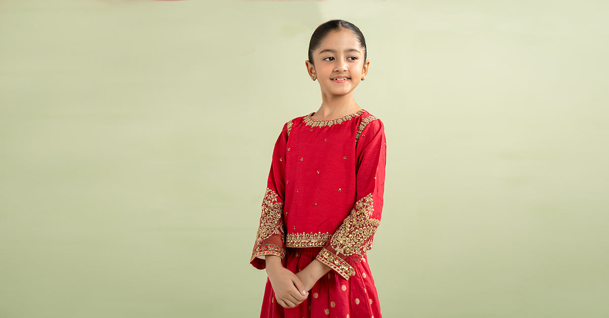 3 Piece Embroidered Raw Silk Suit - Festive Pakistani Kids Dresses - available at Maria Faisal in UK and USA