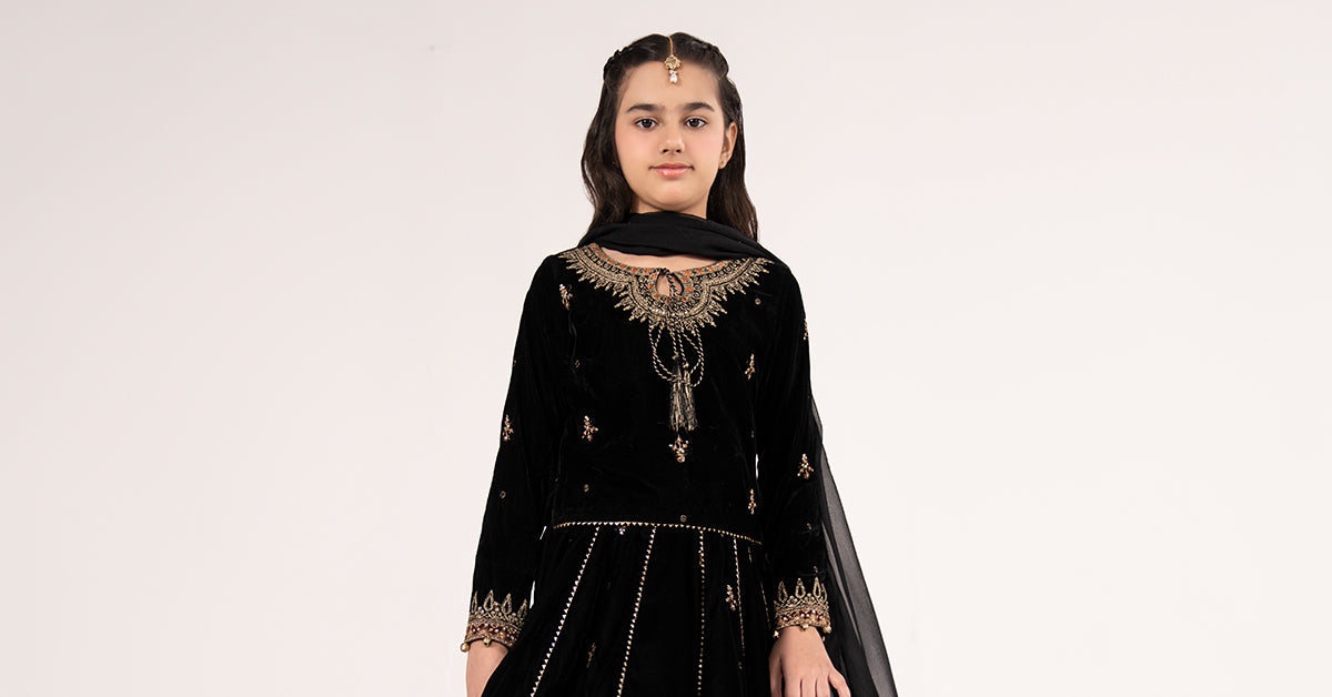 3 Piece Embroidered Velvet Suit - Festive Pakistani Kids Dresses - available at Maria Faisal in UK and USA