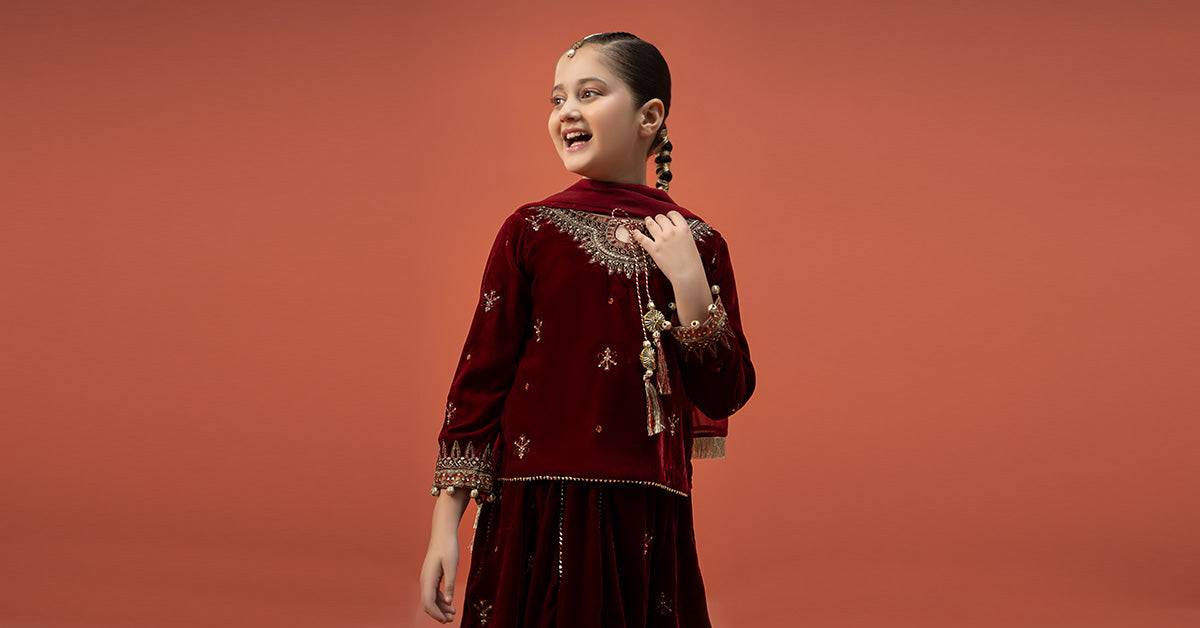 Maria B | 3 Piece Embroidered Velvet Suit | MKS-W24-14 by Maria Faisal - Registered Vendor of : Maria B - type : Kids Clothes - 100% original wedding dresses