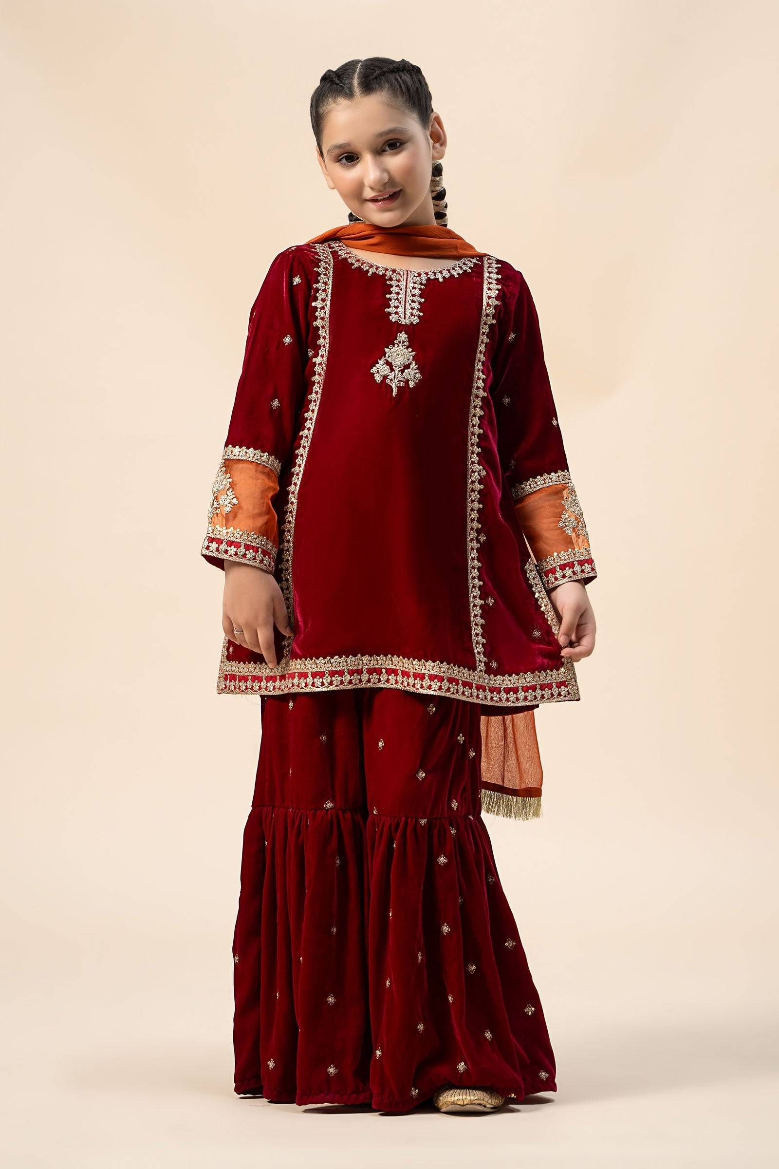 Maria B | 3 Piece Embroidered Velvet Suit | MKS-W24-16 by Maria Faisal - Registered Vendor of : Maria B - type : Kids Clothes - 100% original wedding dresses