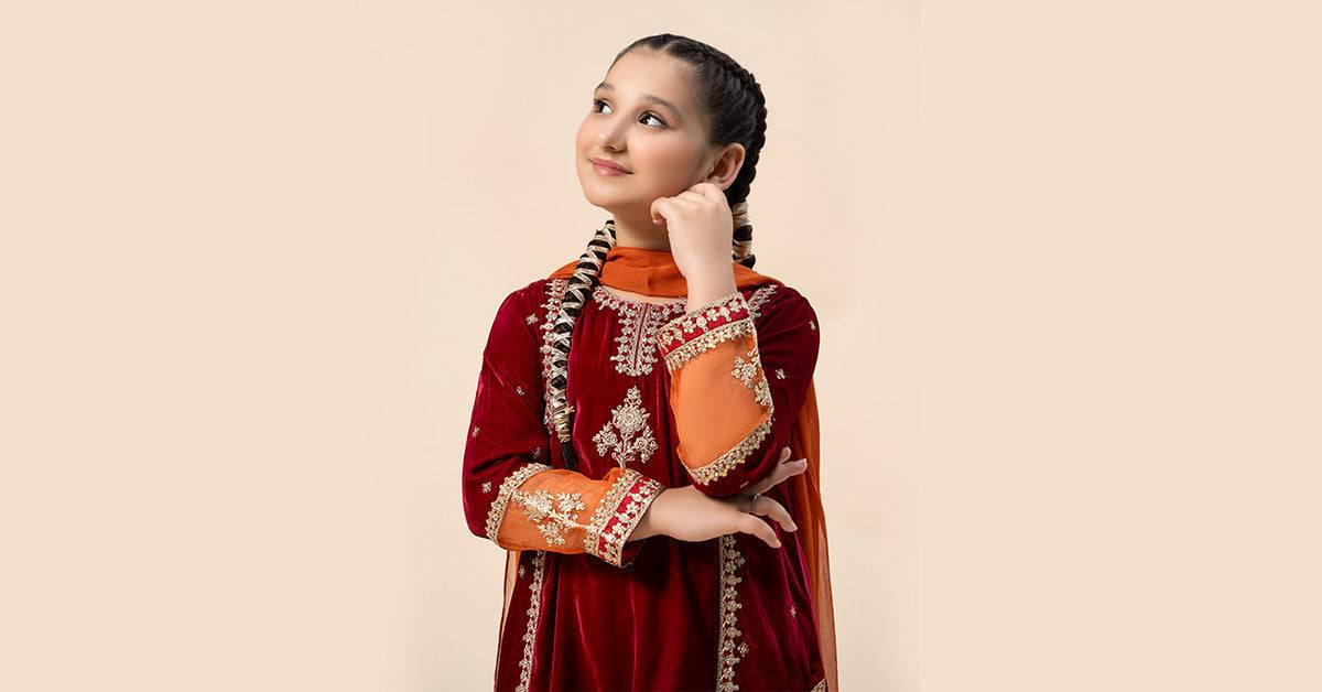 Maria B | 3 Piece Embroidered Velvet Suit | MKS-W24-16 by Maria Faisal - Registered Vendor of : Maria B - type : Kids Clothes - 100% original wedding dresses