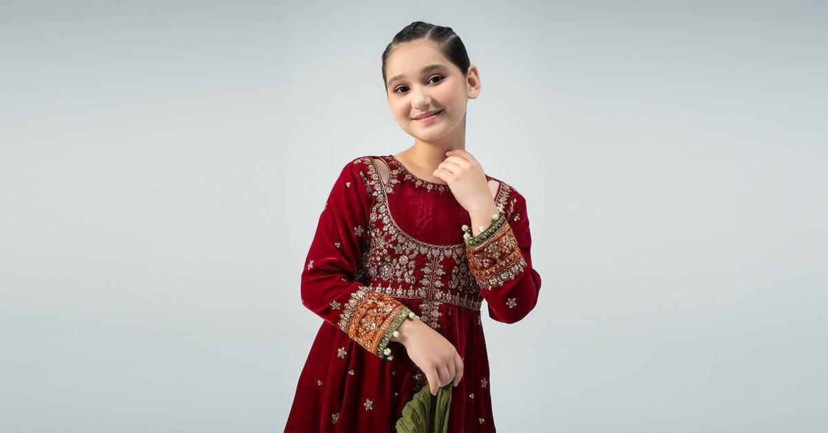Maria B | 3 Piece Embroidered Velvet Suit | MKS-W24-17 by Maria Faisal - Registered Vendor of : Maria B - type : Kids Clothes - 100% original wedding dresses