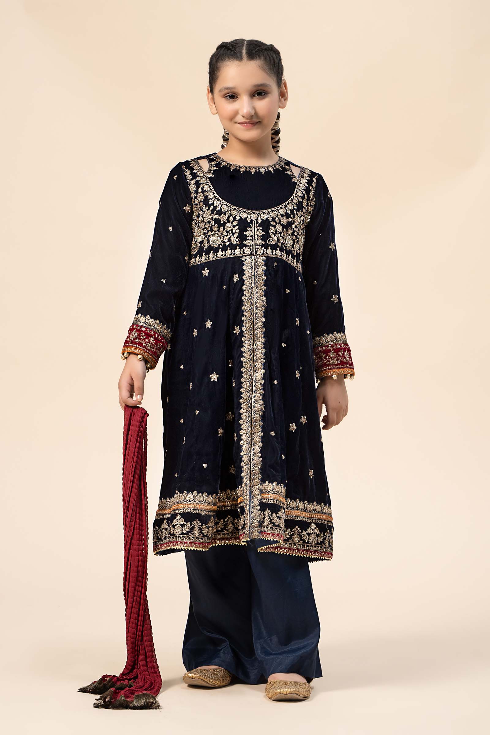 Maria B | 3 Piece Embroidered Velvet Suit | MKS-W24-17 by Maria Faisal - Registered Vendor of : Maria B - type : Kids Clothes - 100% original wedding dresses