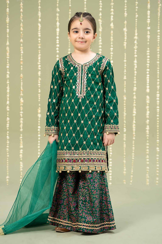 Maria B | 3 Piece Embroidered Raw Silk Suit | MKS-W24-28 by Maria Faisal - Registered Vendor of : Maria B - type : Kids Clothes - 100% original wedding dresses