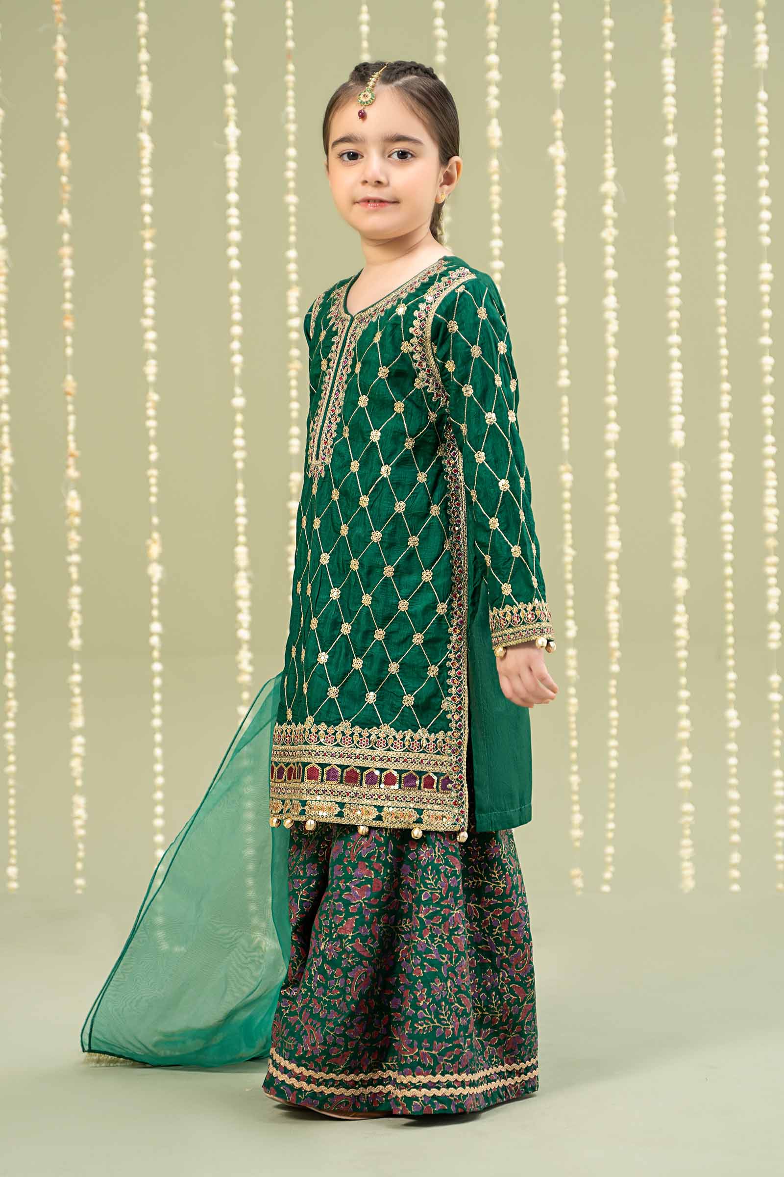 Maria B | 3 Piece Embroidered Raw Silk Suit | MKS-W24-28 by Maria Faisal - Registered Vendor of : Maria B - type : Kids Clothes - 100% original wedding dresses