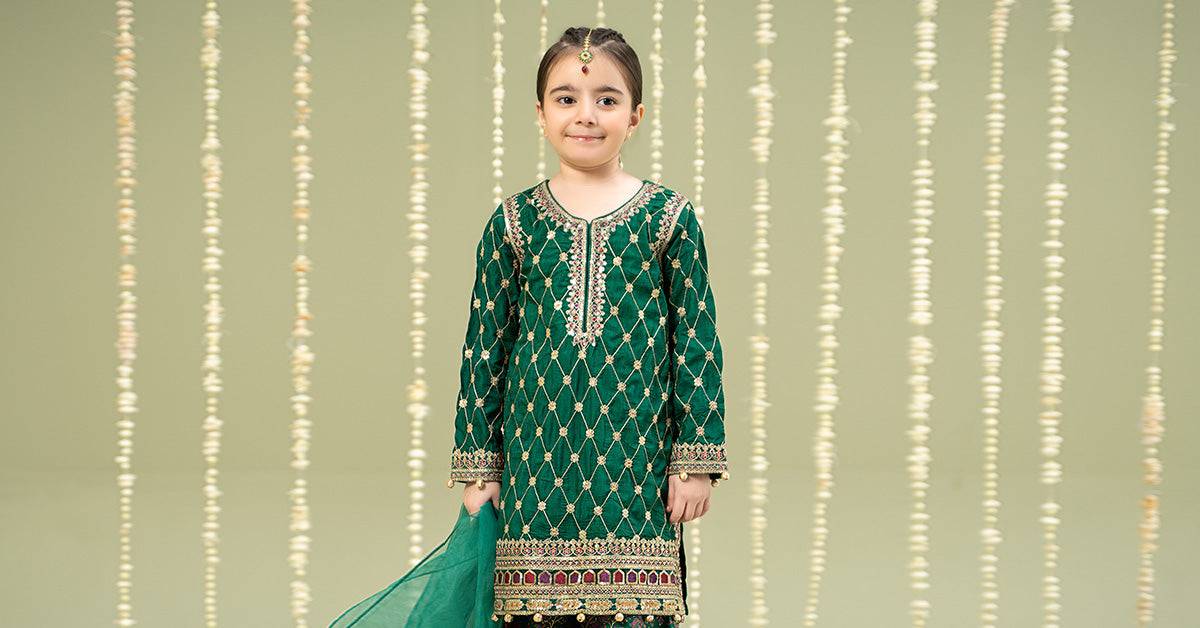Maria B | 3 Piece Embroidered Raw Silk Suit | MKS-W24-28 by Maria Faisal - Registered Vendor of : Maria B - type : Kids Clothes - 100% original wedding dresses