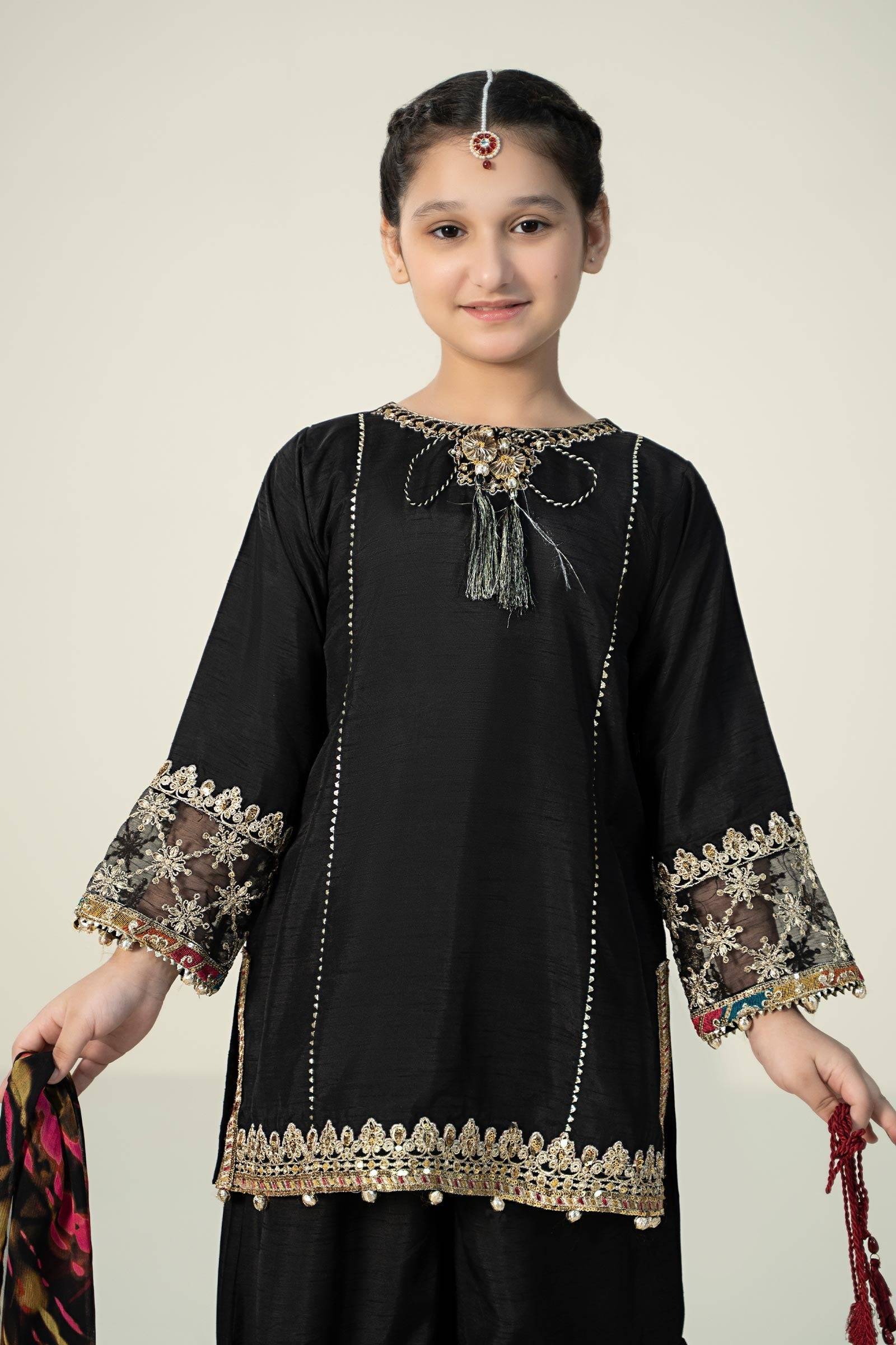 Maria B | 3 Piece Embroidered Raw Silk Suit | MKS-W24-31 by Maria Faisal - Registered Vendor of : Maria B - type : Kids Clothes - 100% original wedding dresses