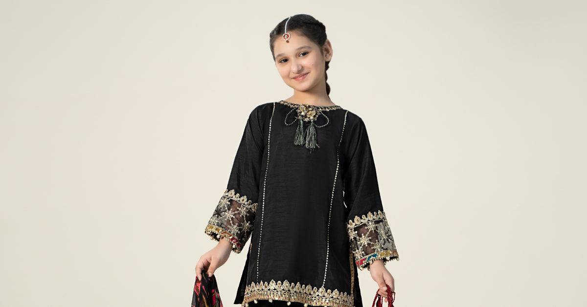 Maria B | 3 Piece Embroidered Raw Silk Suit | MKS-W24-31 by Maria Faisal - Registered Vendor of : Maria B - type : Kids Clothes - 100% original wedding dresses