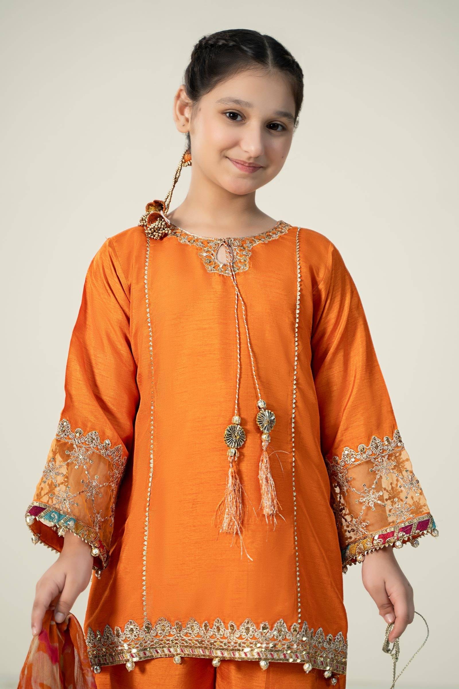 Maria B | 3 Piece Embroidered Raw Silk Suit | MKS-W24-31 by Maria Faisal - Registered Vendor of : Maria B - type : Kids Clothes - 100% original wedding dresses