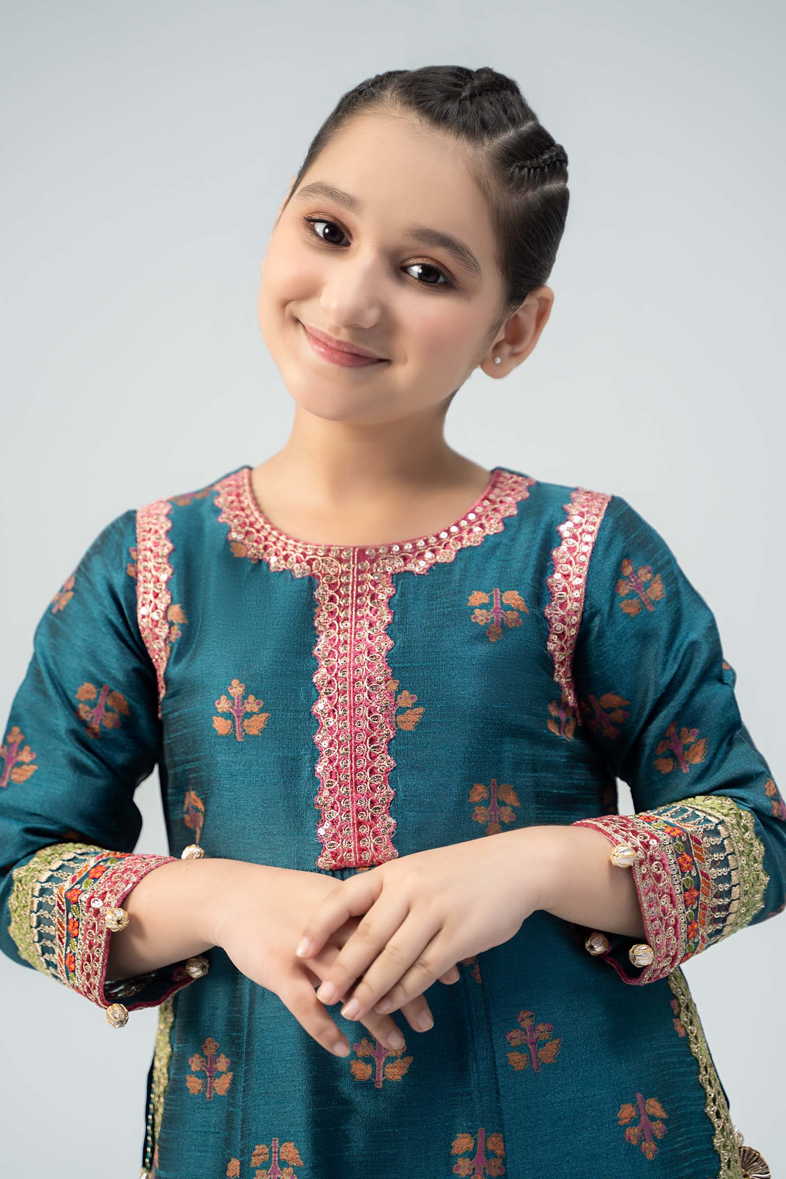 Maria B | 3 Piece Embroidered Raw Silk Suit | MKS-W24-33 by Maria Faisal - Registered Vendor of : Maria B - type : Kids Clothes - 100% original wedding dresses