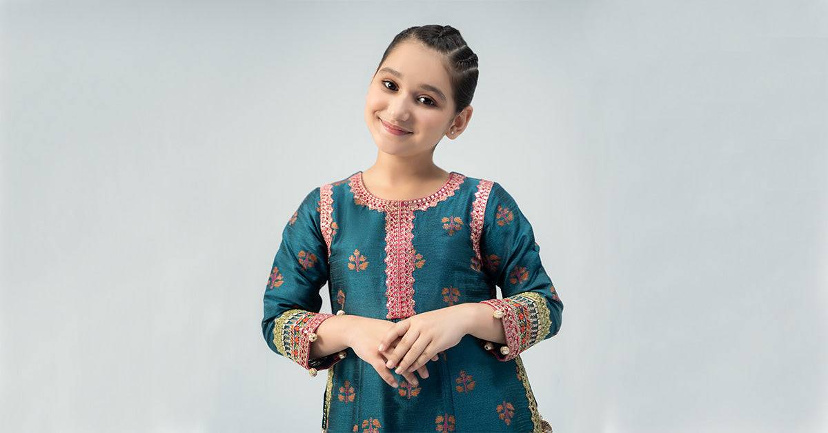 Maria B | 3 Piece Embroidered Raw Silk Suit | MKS-W24-33 by Maria Faisal - Registered Vendor of : Maria B - type : Kids Clothes - 100% original wedding dresses