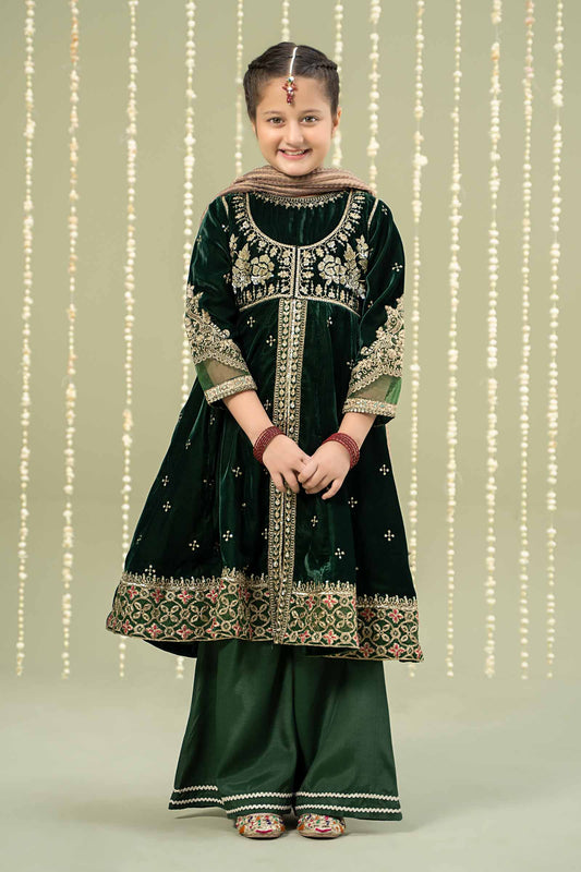 Maria B | 3 Piece Embroidered Velvet Suit | MKS-W24-40 by Maria Faisal - Registered Vendor of : Maria B - type : Kids Clothes - 100% original wedding dresses