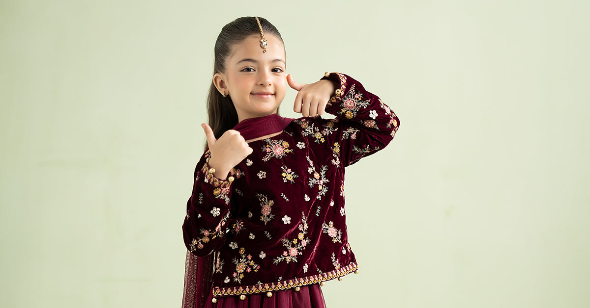 3 Piece Embroidered Velvet Suit - Kids Clothes - available at Maria Faisal in UK and USA
