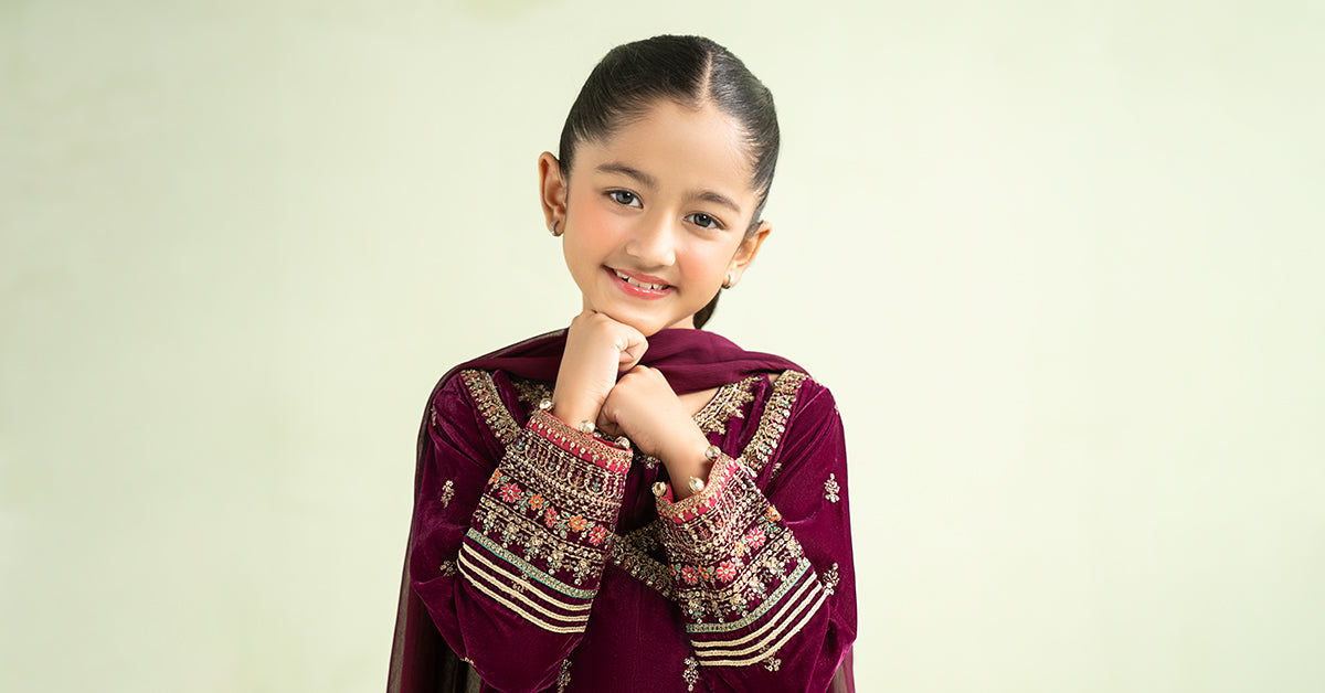 3 Piece Embroidered Velvet Suit - Kids Clothes - available at Maria Faisal in UK and USA