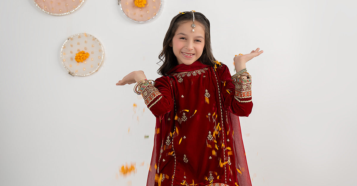 3 Piece Embroidered Velvet Suit - Festive Pakistani Kids Dresses - available at Maria Faisal in UK and USA