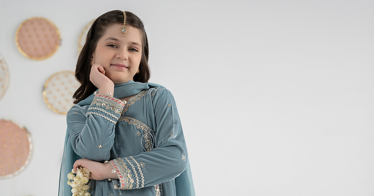 3 Piece Embroidered Velvet Suit - Kids Clothing - available at Maria Faisal in UK and USA.