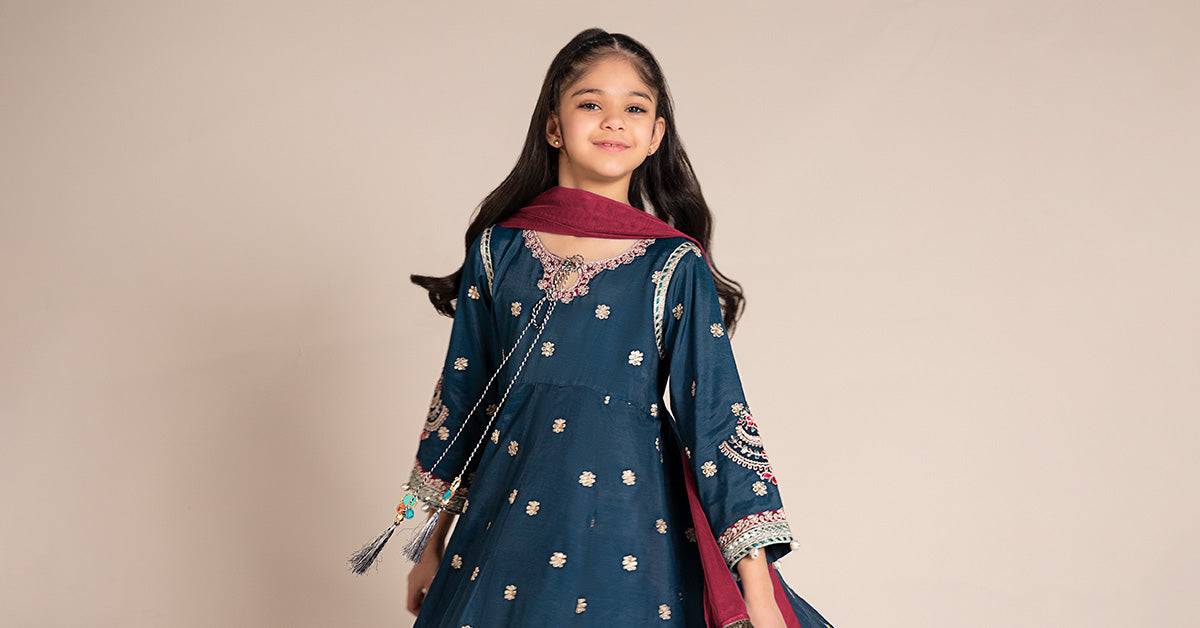 Maria B | 3 Piece Embroidered Raw Silk Suit | MKS-EF25-07 by Maria Faisal - Registered Vendor of : Maria B - type : Kids Clothes - 100% original wedding dresses
