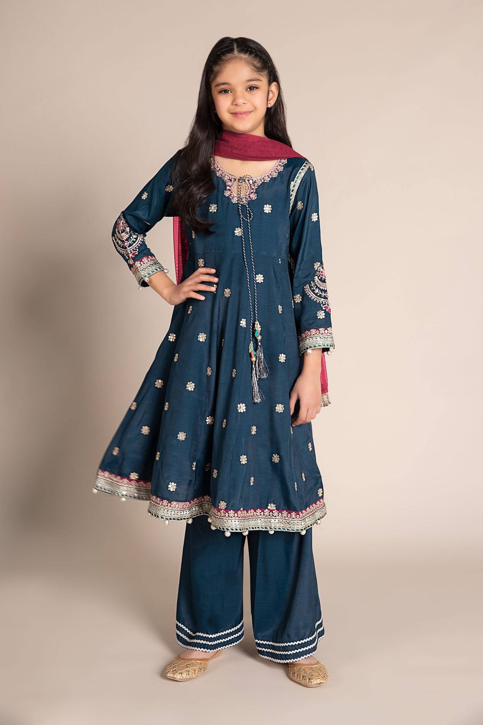 Maria B | 3 Piece Embroidered Raw Silk Suit | MKS-EF25-07 by Maria Faisal - Registered Vendor of : Maria B - type : Kids Clothes - 100% original wedding dresses
