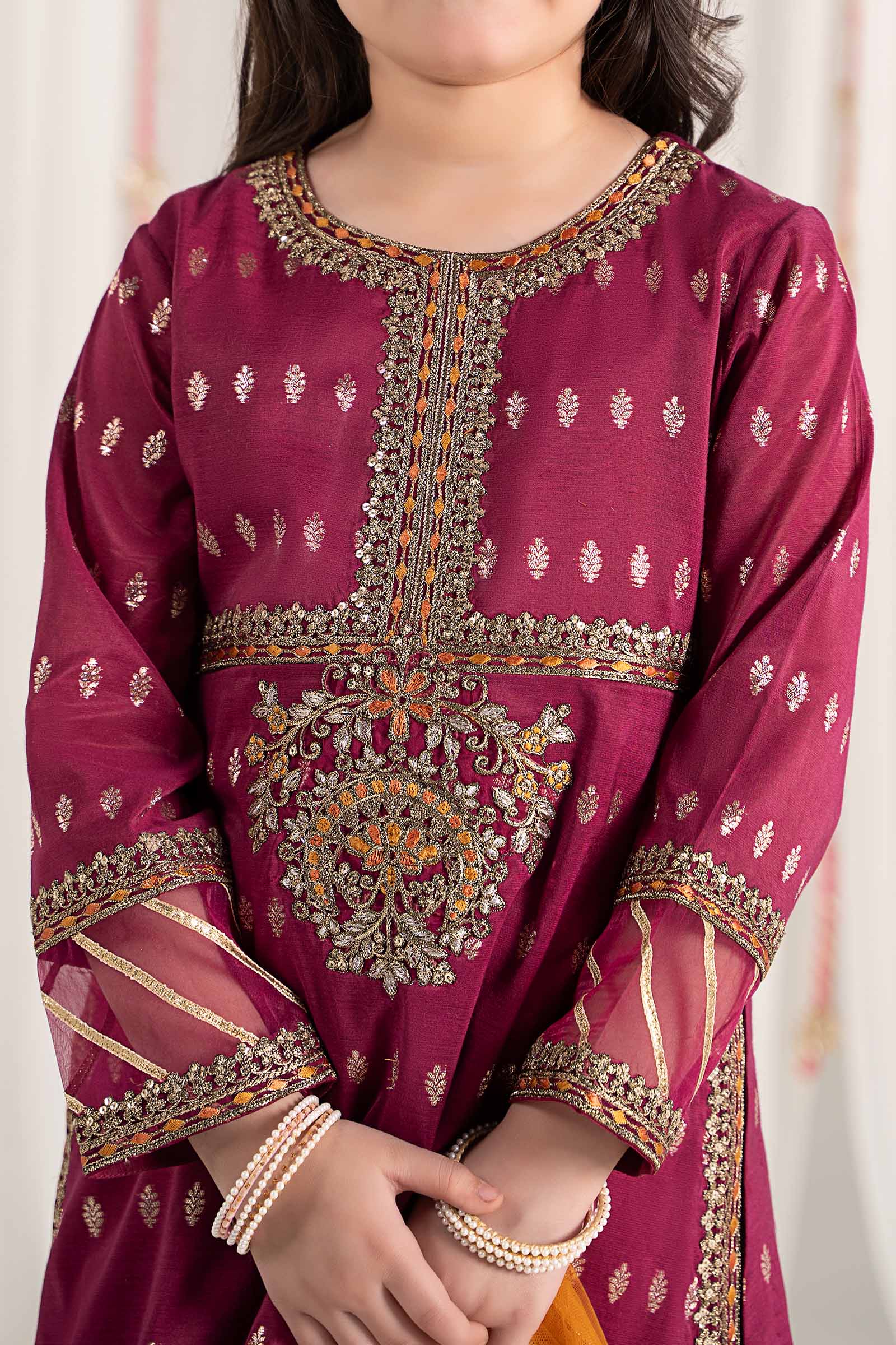 Maria B | 3 Piece Embroidered Raw Silk Suit | MKS-EF25-30 by Maria Faisal - Registered Vendor of : Maria B - type : Kids Clothes - 100% original wedding dresses