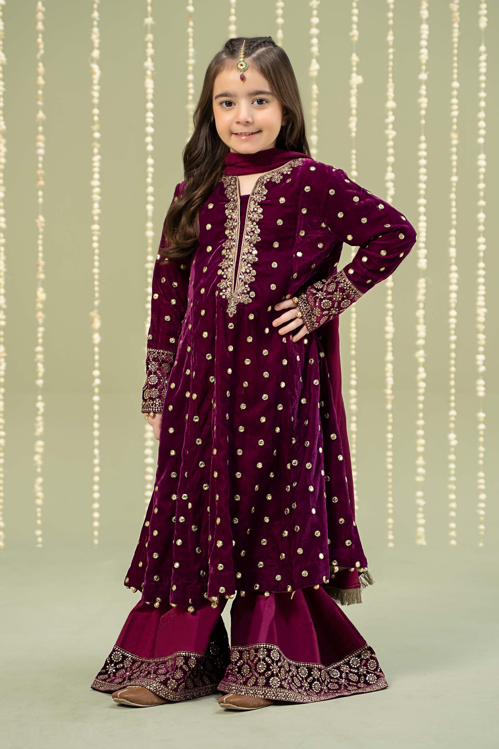 Maria B | 3 Piece Embroidered Velvet Suit | MKS-W24-38 by Maria Faisal - Registered Vendor of : Maria B - type : Kids Clothes - 100% original wedding dresses