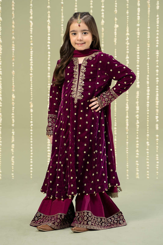 Maria B | 3 Piece Embroidered Velvet Suit | MKS-W24-38 by Maria Faisal - Registered Vendor of : Maria B - type : Kids Clothes - 100% original wedding dresses