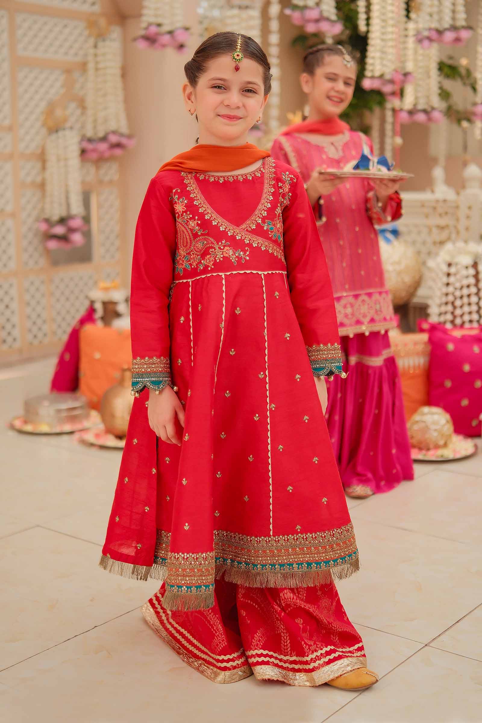 Maria B | 3 Piece Embroidered Raw Silk Suit | MKS-W24-02 by Maria Faisal - Registered Vendor of : Maria B - type : Kids Clothes - 100% original wedding dresses