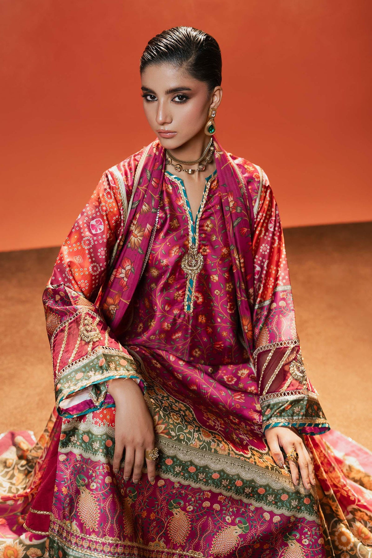 Maria B | Luxury Pret Pre Fall | MPS-EF26-01R1-Pink and Orange - Luxury Dress - available at Maria Faisal in UK and USA.