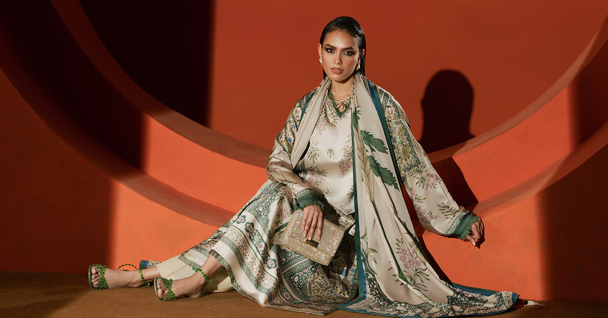 Maria B | Luxury Pret Pre Fall | MPS-EF26-10R1-Beige and Green - Luxury Dress - available at Maria Faisal in UK and USA.