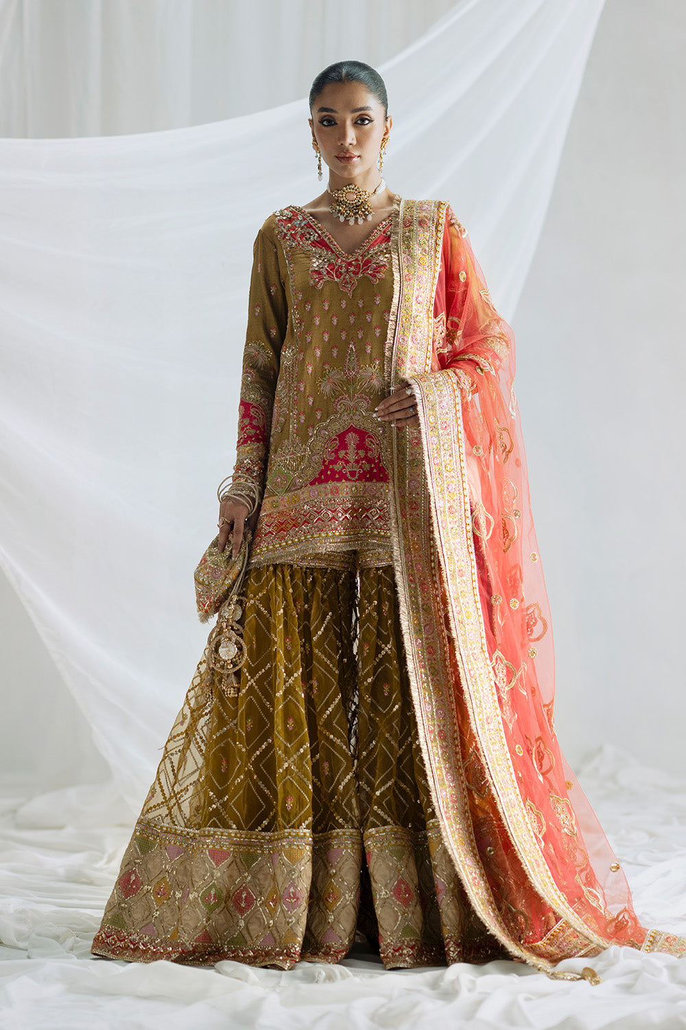 Olive Green Embroidered Organza Silk Short Shirt with Gharara - Maryum N  Maria | Serene Wedding Dresses | AADHISHAKTI - MSS5848 | Mariafaisal