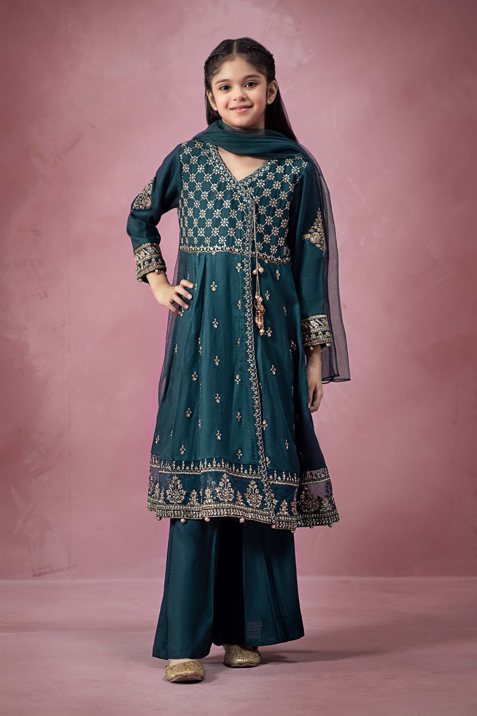 Maria B | 3 Piece Embroidered Linen Suit | MKD-W24-02 by Maria Faisal - Registered Vendor of : Maria B - type : Kids Clothes - 100% original wedding dresses