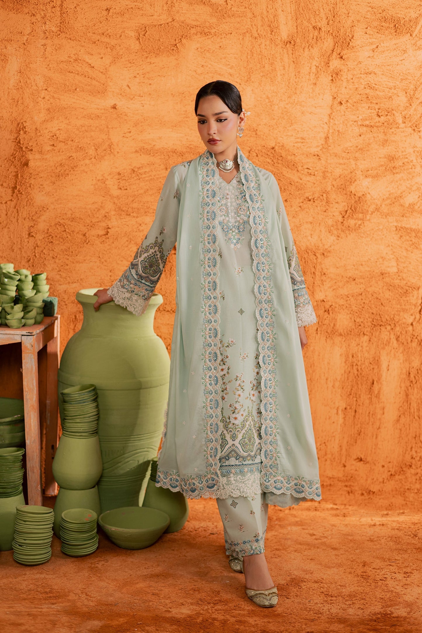 Batik | Festive Eid 26 | Mint Chip - Luxury Dress - available at Maria Faisal in UK and USA.