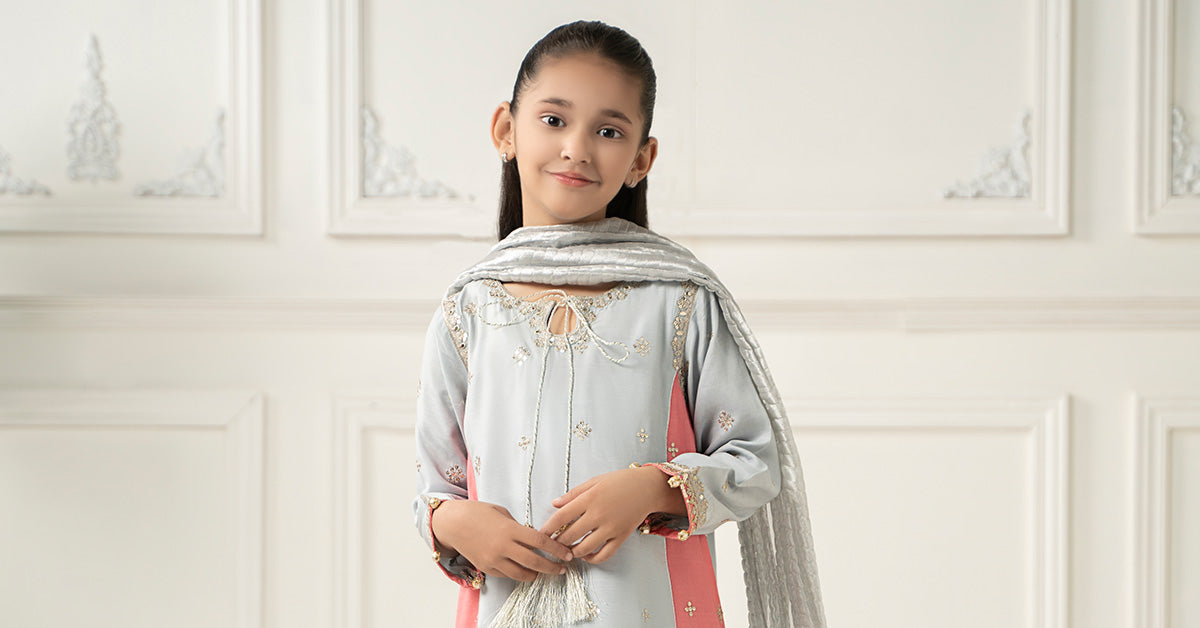 3 Piece Embroidered Polyester Net Suit - Kids Clothing - available at Maria Faisal in UK and USA.