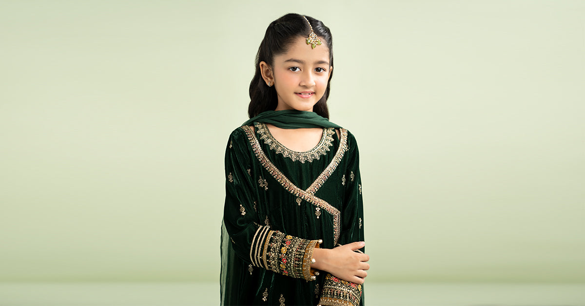 3 Piece Embroidered Velvet Suit - Kids Clothes - available at Maria Faisal in UK and USA